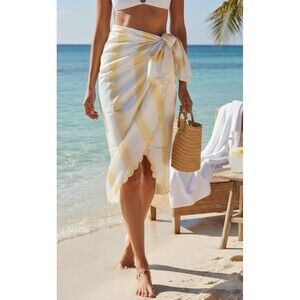 DESIGNER MAN REPELLER SCALLOPED ACCENT YELLOW /WHITE COVER-UP ONE SIZE